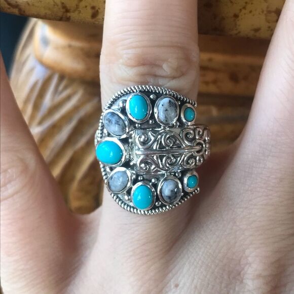 Sleeping Beauty Turquoise White Buffalo Sterling Silver Buckle Ring Size 6.25 - Picture 8 of 9